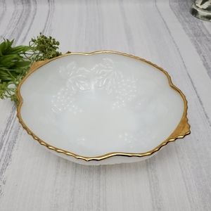 Vtg Milk Glass Gold Rim Bowl